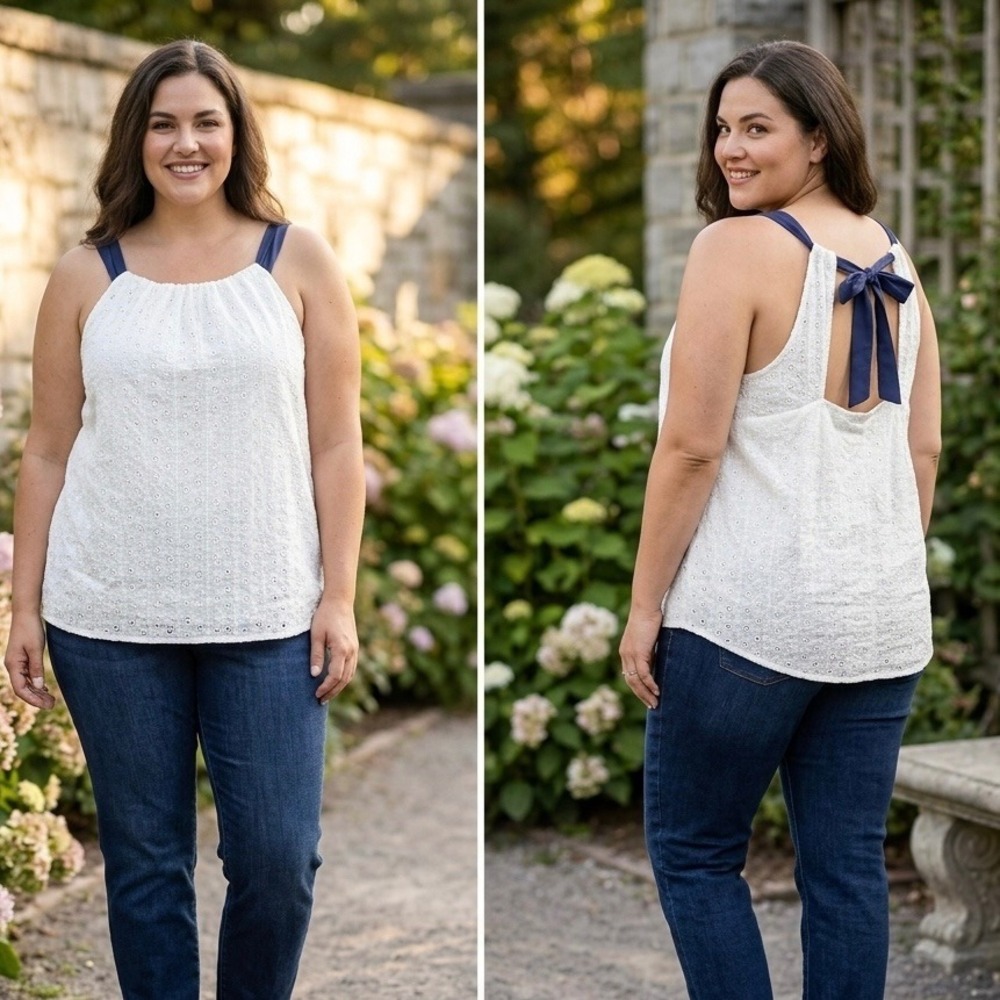 Doe & Rae White Eyelet Lace Tank Top Navy Tie Back Bow High Neck Women Large NEW